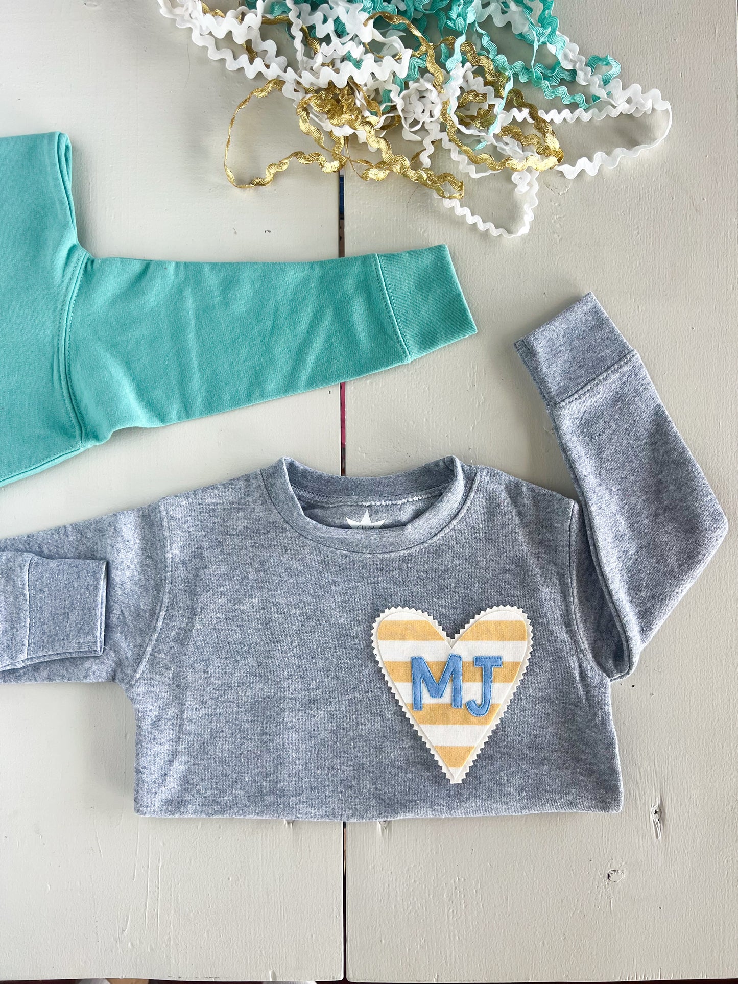 Monogram Heart:  Yellow Stripe+Blue Letters